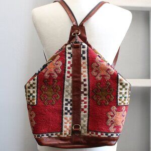 Vintage Turkish Kilim Red Brown Rug Leather Zip-Up Large Knapsack Backpack Bag